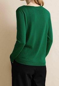 Grüner gestrickter Pullover mit Rundhalsausschnitt, langen Ärmeln, geripptem Saum und glatter Textur, kombiniert mit schwarzen Hosen, von hinten betrachtet.