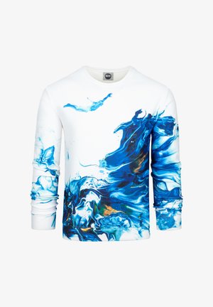 Garām piedurknēm krekls baltā krāsā ar zilu abstraktu rakstu. Izgatavots no gludas auduma, ar apaļu apkakli un pieguļošām aprocēm.