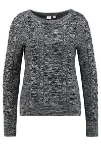 Strickpullover mit einem schwarz-weißen Melange-Muster, langen Ärmeln, einem runden Halsausschnitt und strukturierten Zopfdetails im gesamten Design.