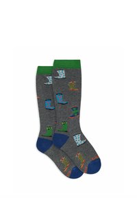 Calzini grigi con motivi di stivali di gomma colorati in blu, verde e disegni a righe, con polsino verde solido e dettagli sulla punta blu.