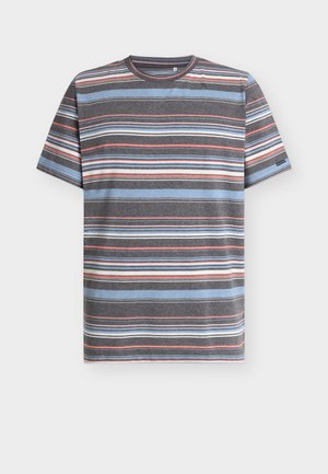 Kurzärmeliges T-Shirt mit horizontalen Streifen in Grau, Blau, Rot und Weiß. Aus weichem Stoff mit Rundhalsausschnitt gefertigt.