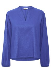 Maglietta a maniche lunghe di un blu profondo con scollatura a V, tessuto leggermente strutturato e polsini arricciati. Vestibilità regolare con orlo dritto.