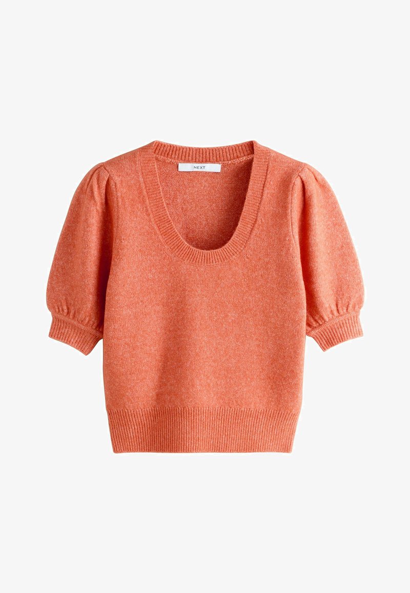 Pull à manches courtes texturé de couleur orange vif avec un col rond et des manches bouffantes. Ourlet et poignets côtelés. Tissu doux et tricoté.