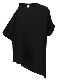 Top nero, di taglio ampio, con un alto colletto e un taglio su una spalla. Tessuto morbido, orlo asimmetrico e dettagli di design minimal.