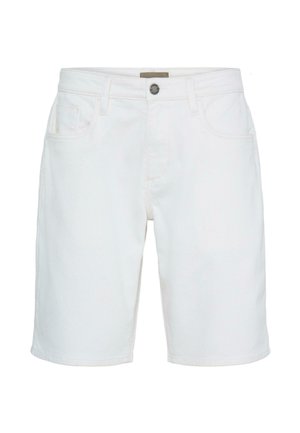 Hvide denimshorts med forlommer, bæltestropper, knaplukning og en lille mærkat ved taljebåndet.