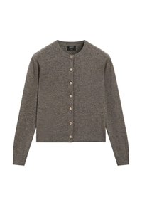 Cardigan lavorato a maglia grigio scuro con scollatura rotonda, maniche lunghe e sei bottoni marroni sul davanti. Texture morbida, design corto.