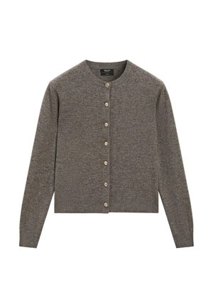 Strikket cardigan i mørkegrå med rund halsudskæring, lange ærmer og seks brune knapper foran. Blød tekstur, kort design.