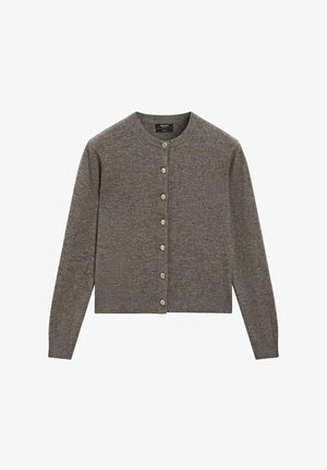 Knitted cardigan in dark gray with a round neckline, long sleeves, and six brown buttons down the front. Soft texture, cropped design.