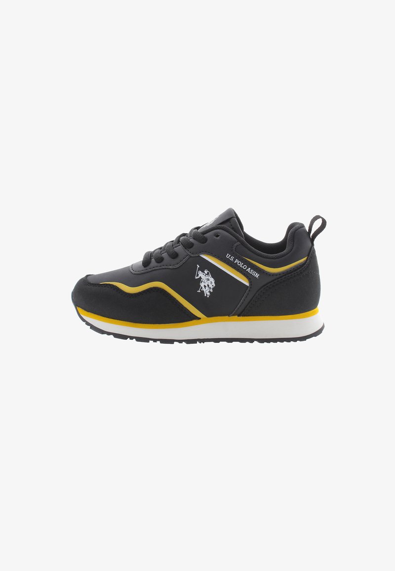 Black athletic shoe with yellow accents, textured upper, padded collar, and white outsole. Features logo on the side and laces.
