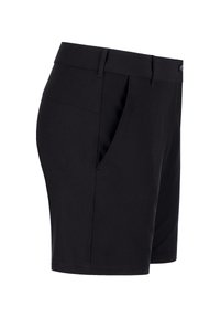 Schwarze Stoffshorts mit maßgeschneidertem Design. Mit flachem Bund, Seitentaschen und einer glatten Textur. Geeignet für lässige Freizeitbekleidung.