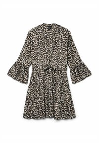 Robe à imprimé léopard avec de longues manches en forme de cloche, une ceinture à nouer à la taille et un ourlet à volants superposés. Fabriquée en tissu léger dans des tons beiges et bruns.