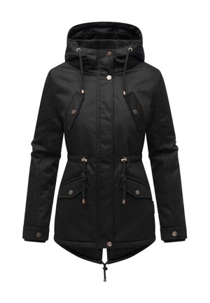 Black parka jacket with a hood, featuring drawstrings, two front pockets with flaps, and a textured interior lining.