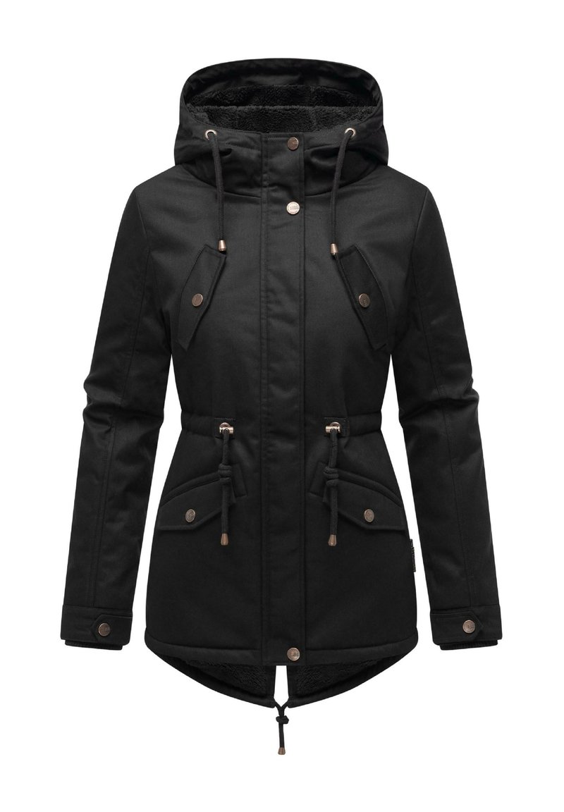 Black parka jacket with a hood, featuring drawstrings, two front pockets with flaps, and a textured interior lining.