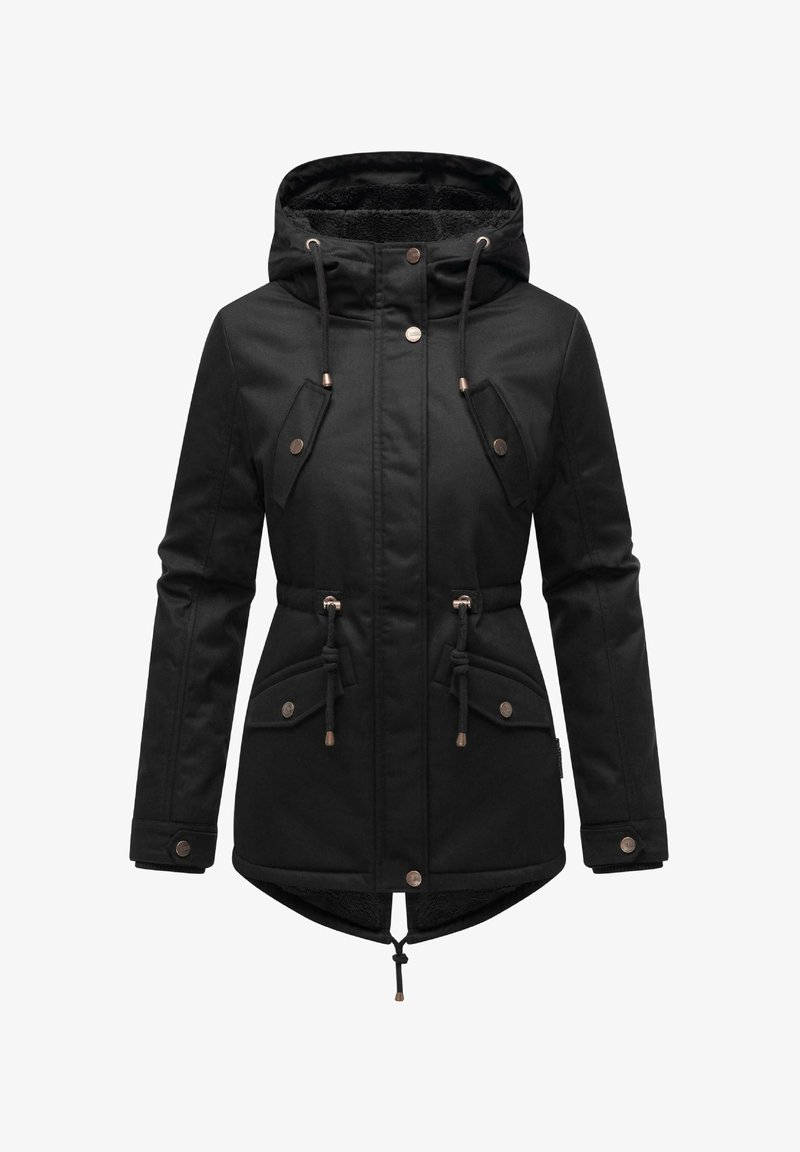 Black parka jacket with a hood, featuring drawstrings, two front pockets with flaps, and a textured interior lining.