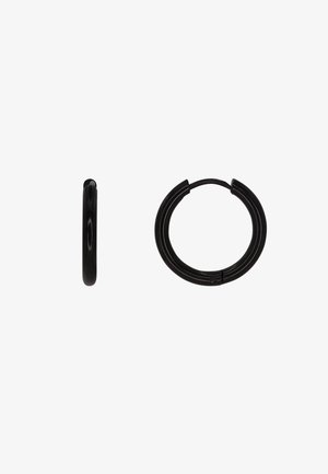 Orecchini a cerchio neri con finitura metallica lucida, caratterizzati da una forma arrotondata e liscia con sottili dettagli rigati. Due dimensioni: una vista laterale, l'altra dall'alto.