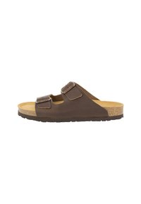 Sandale en cuir marron à glisser avec deux boucles réglables, semelle intermédiaire en liège, semelle extérieure en caoutchouc texturé et un design minimaliste.