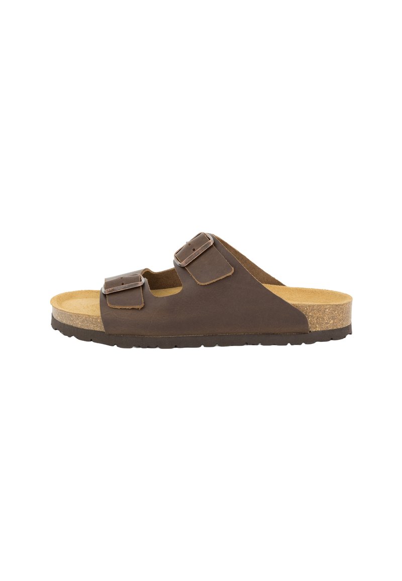 Sandale en cuir marron à glisser avec deux boucles réglables, semelle intermédiaire en liège, semelle extérieure en caoutchouc texturé et un design minimaliste.