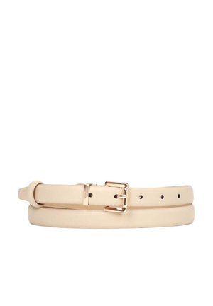 Beige narrow leather belt with gold metal buckle and five adjustment holes, displayed coiled on white background.