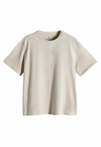 Helles beiges T-Shirt, kurze Ärmel, Rundhalsausschnitt, aus Baumwollstoff, glatte Textur, minimalistisches Design, keine sichtbaren Muster oder Akzente.