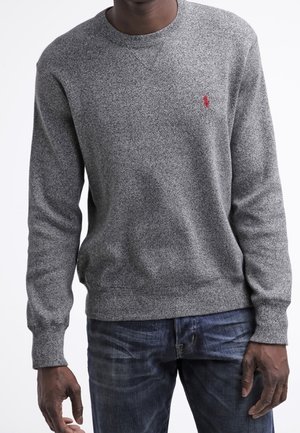 Dark-skinned person wearing a plain grey crewneck sweater with a small red logo on the chest and blue jeans, against a white background.