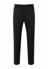 Zwarte formele broek gemaakt van een gladde stof, met een recht model, riemlussen en een ritsluiting.