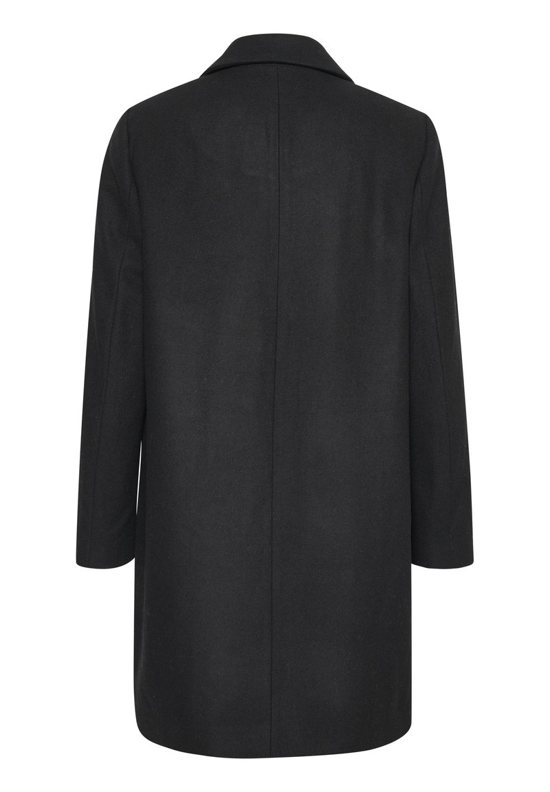 Lang zwart jas met een reverskraag, recht model en lange mouwen. Glad textuur en minimalistisch design zonder zichtbare hardware of accenten.