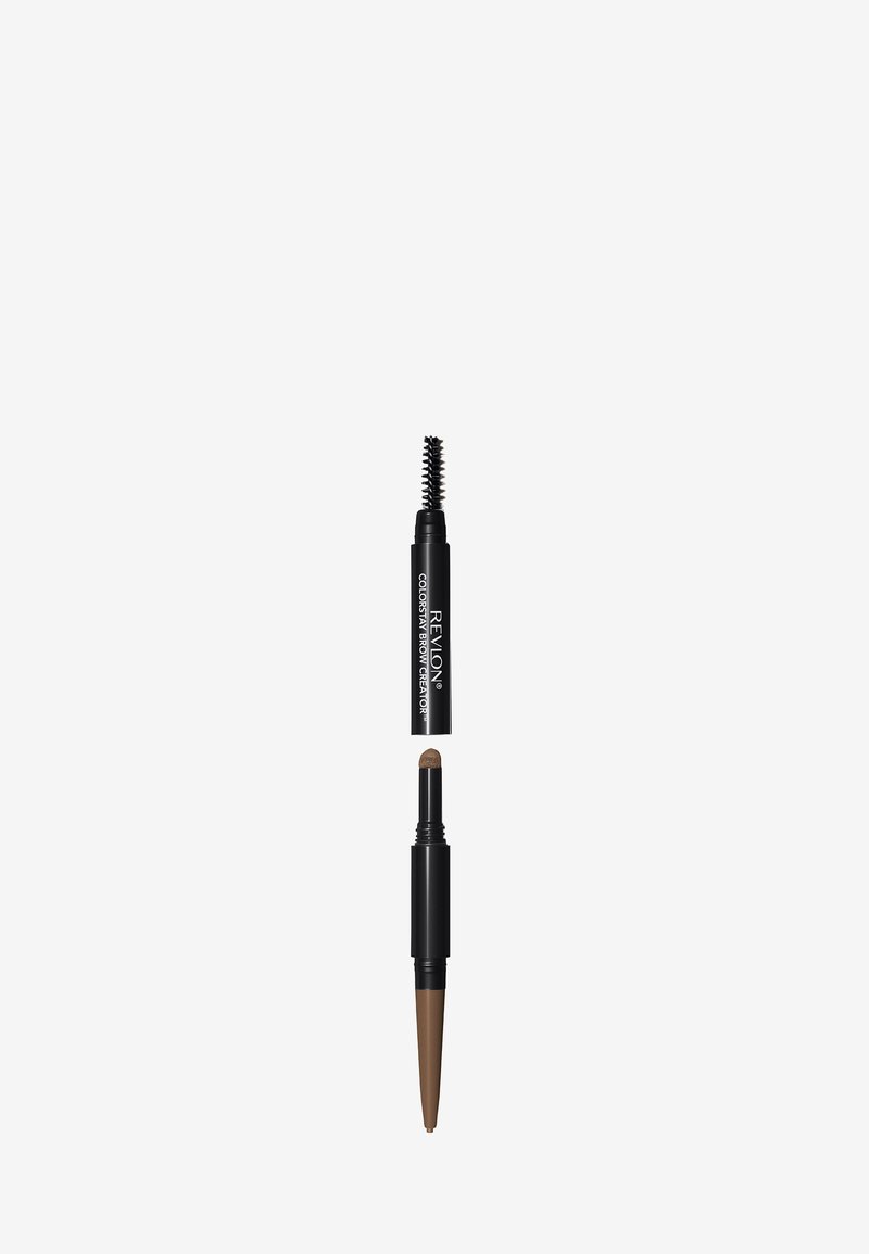 Revlon Colorstay Brow Creator, dwustronny z ołówkiem wysuwanym w kolorze brązowym i szczoteczką do brwi na górze; czarne opakowanie z białym napisem.
