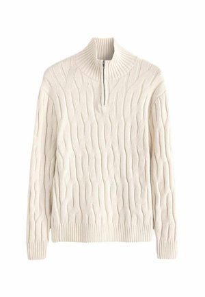 Cremfarbener, kabelstrickpullover mit hohem Kragen und halbem Reißverschluss. Verfügt über ein strukturiertes Muster mit gerippten Bündchen und Saum.