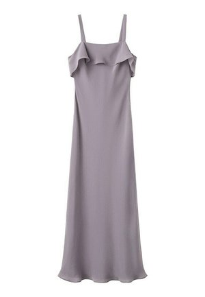 Vestido largo sin mangas de color púrpura claro con tirantes finos y detalle de escote con volantes.