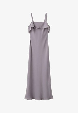 Lagana ljubičasta maksi haljina bez rukava s tankim naramenicama i naboranim detaljem oko izreza.