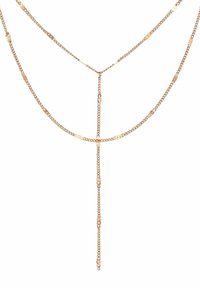 Collar en tonos dorados con cadenas delicadas en capas. Presenta pequeños acentos geométricos a lo largo de su longitud y una sección central que cuelga.