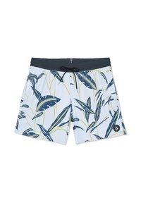 Herren-Badeshorts in Hellblau mit dunkelblauem und gelbem tropischem Blattmuster und schwarzem Tunnelzugbund.