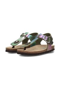 Iriserende groene en paarse sandalen met een kurken voetbed, verstelbare gesp en een slipper-stijl ontwerp. Vlakke rubberen zool met profiel.