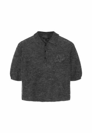Donkergrijs, gebreid poloshirt met korte mouwen, ribbelstructuur, kraag, drie knopen en subtiel geborduurd detail op de linkerborst.