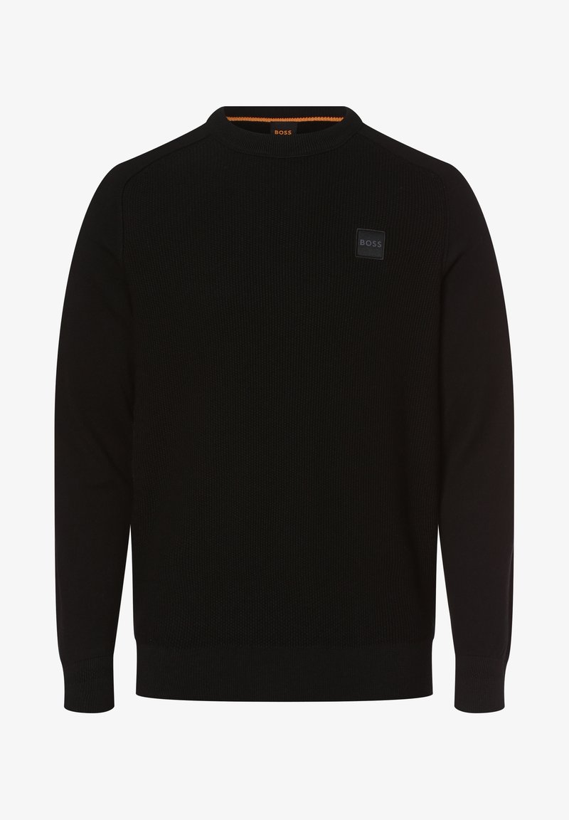 Pull noir à manches longues avec encolure ronde, devant en maille texturée, poignets et ourlet côtelés, et petite écusson "BOSS" sur la poitrine.