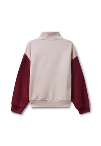 Pullover crema con colletto alto. Caratterizzato da maniche lunghe bordeaux e orlo a costine. Tessuto morbido con una superficie liscia.