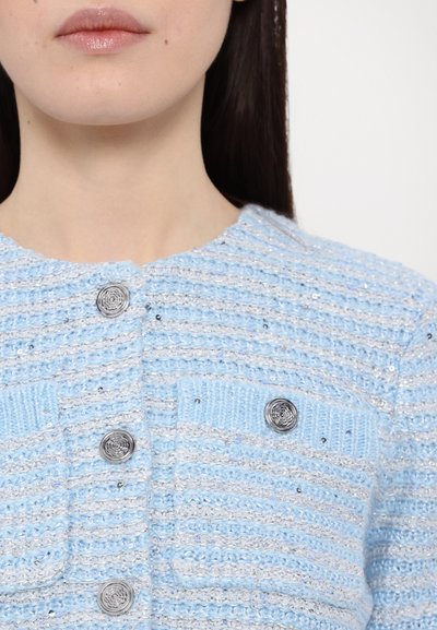 Light blue textured cardigan featuring silver thread stripes, two chest pockets, and ornate silver buttons. Smooth with a slightly raised pattern.