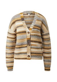 Gestreifter Cardigan in Beige, Braun und Grau; aus strukturiertem Strickstoff mit V-Ausschnitt, langen Ärmeln und vier Knöpfen vorne.