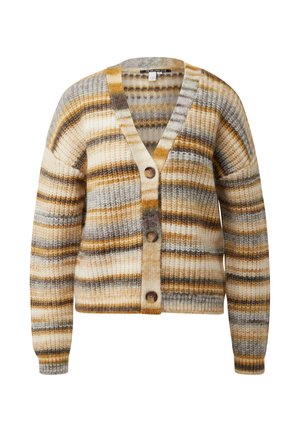 Sweter w paski w odcieniach beżowym, brązowym i szarym; wykonany z teksturowanej dzianiny, z dekoltem w serek, długimi rękawami i czterema guzikami z przodu.