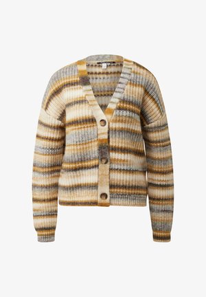 Gestreifter Cardigan in Beige, Braun und Grau; aus strukturiertem Strickstoff mit V-Ausschnitt, langen Ärmeln und vier Knöpfen vorne.