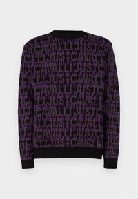 Black sweater featuring a unique repeating pattern of purple and gray text. Crew neck and ribbed cuffs enhance the design.