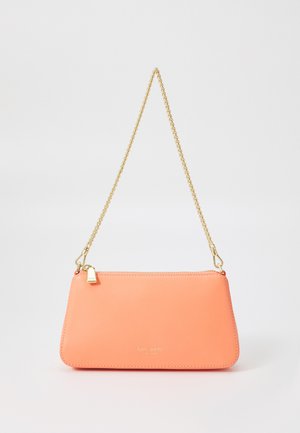 Coral leather clutch with a flat design, gold chain strap, gold hardware, and a zipper closure. Features embossed brand logo on the front.