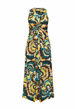 Mouwloze lange jurk met een gedraaide detail in de taille, voorzien van levendige abstracte bloemmotieven in oranje, geel, turquoise, zwart en wit.