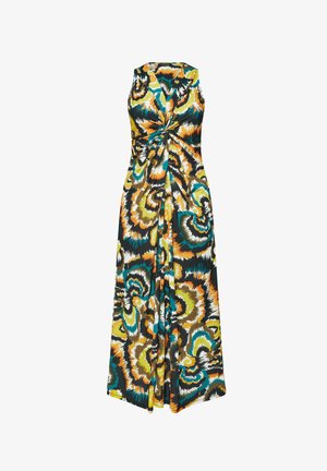 Ærmeløs lang kjole med vridd detalje ved taljen, med livlige abstrakte blomsterprint i orange, gul, blågrøn, sort og hvid.