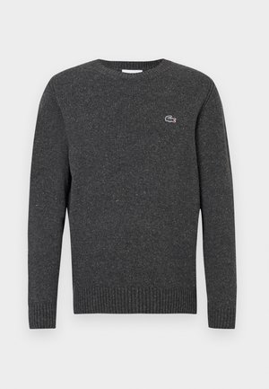 Donkergrijze gebreide trui met lange mouwen, geribbelde manchetten en zoom, met een klein geborduurd krokodillenlogo op de linkerborst.