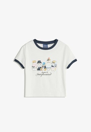 White cotton t-shirt with navy crew neck, featuring a colorful cartoon illustration of five characters and the word "mofusand" in cursive.