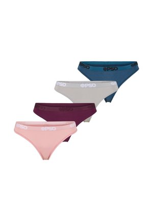 Vier Damen-Bikinislips in Pink, Dunkellila, Hellgrau und Blau, jeweils mit einem Markenbund.