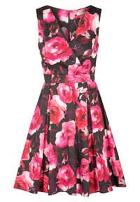 Černé šaty s výstřihem do V, bez rukávů, s květinovým vzorem růžových růží. Rozšířená sukně s úzkým pasem a zipem na zadní straně.
