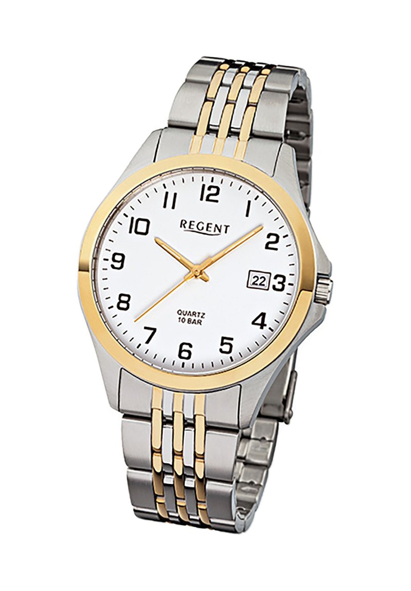 Montre à quartz avec un cadran blanc, bracelet en acier inoxydable doré et argenté, chiffres arabes et affichage de la date à 15 heures.