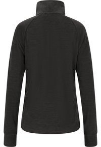 Schwarzer Pullover mit langen Ärmeln und hohem Kragen, aus einem glatten, strukturierten Stoff gefertigt und mit Raglanärmeln für optimale Bewegungsfreiheit.